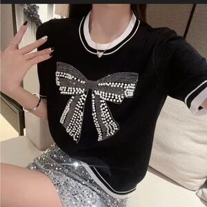 Women’s Black Rhinestone Bow Knit Top - Brand: